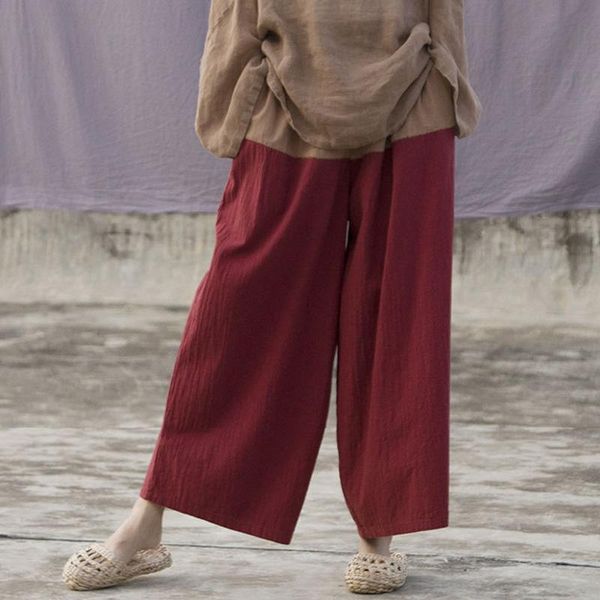 

women's pants & capris johnature patchwork color wide leg for women cotton linen trouser 2021 spring vintage elastic waist loose, Black;white