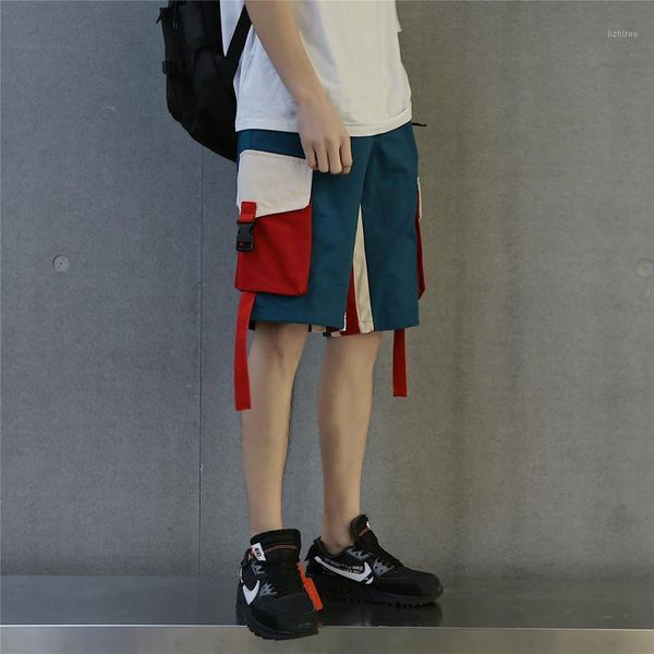 

men's shorts summer overalls splicing male korean loose straight casual knee length pants pocket short masculino clothes ed50dk, White;black