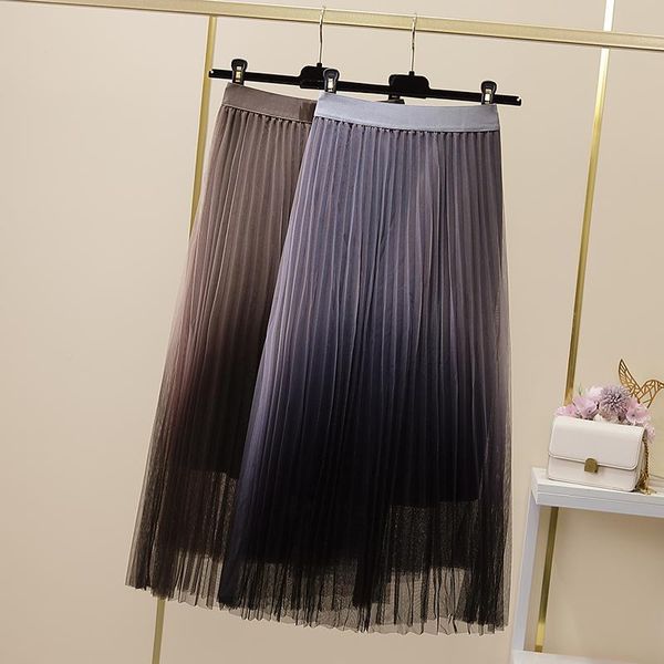 

skirts mesh long pleated korean fashion high-waisted vintage spring autumn summer women's clothing vetement femme 2021, Black