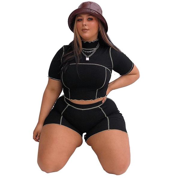 

plus size tracksuits fashion turtleneck short sleeves shorts sets wholesale casual women clothing slim black two piece set 4xl drop