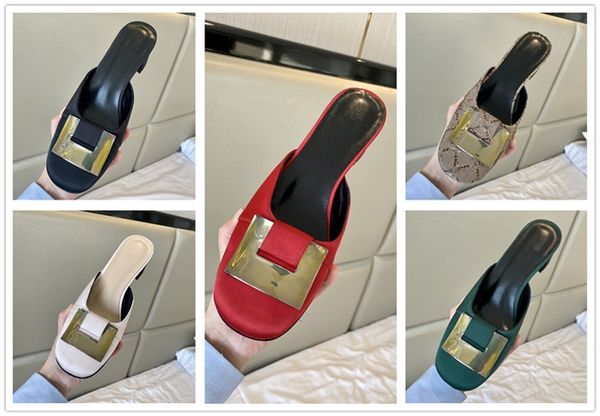 

designer women heel slipper double g real silk cloth slippers sandal classic fashion luxury metal belt buckle thick heel 5cm sandals qua, Black