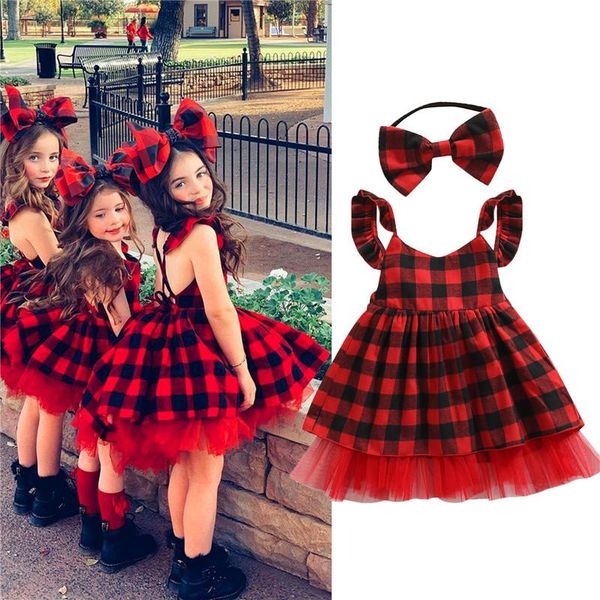 

girl's dresses 6m-4y children girls christmas birthday party dress plaid ruffles sleeve backless lace tulle gown for kids xmas clothes, Red;yellow