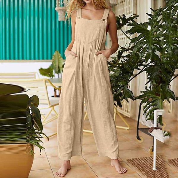 

women's jumpsuits & rompers women solid cotton linen overalls sleeveless o-neck pockets button safari style straight 2021 club loose st, Black;white