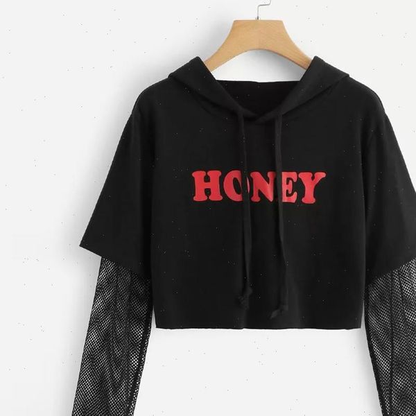 

black crop letters women hoodie mesh long sleeve pullover casual sudadera mujer