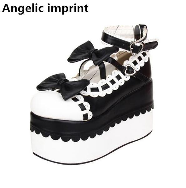 

angelic imprint mori girl lolita shoes woman cosplay lady high trifle heels wedges platform women princess shoe 47 dress, Black