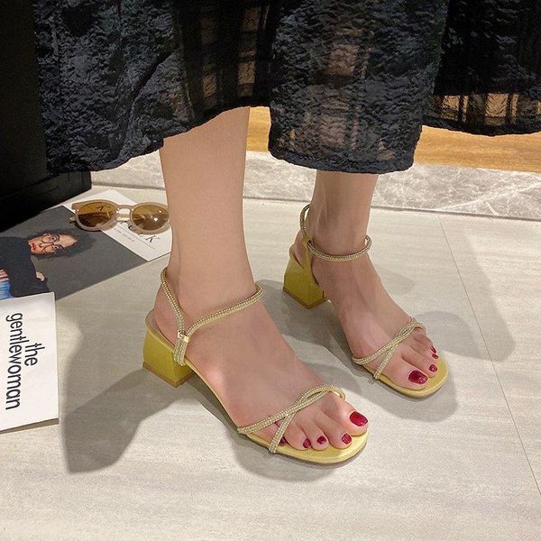 

dress shoes crystal narrow band square heels women thick heel sandals summer candy colors leisure open toe high 2021, Black