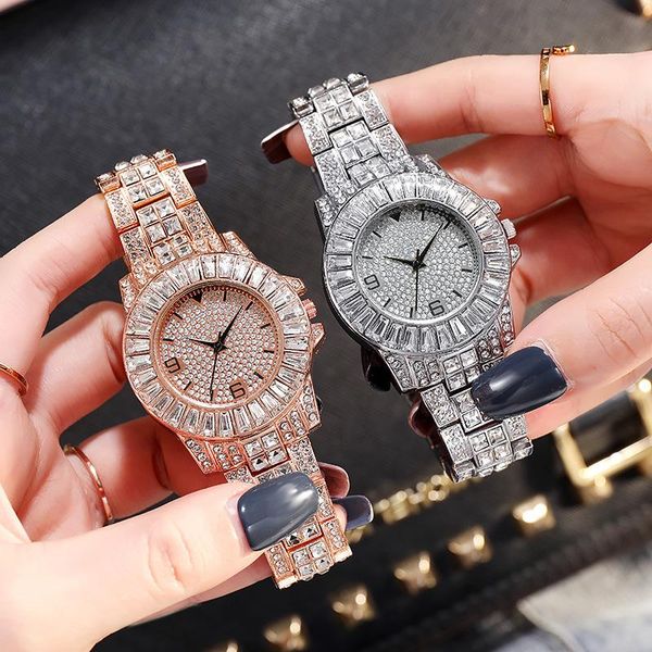 

wristwatches hip hop luxury men women iced out cz baguette date quartz wrist watches with micropave alloy for jewelry, Slivery;brown