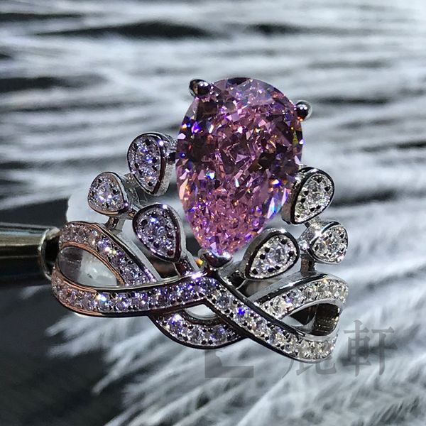 

luxuan 925 silver princess water drop ring with powder and high carbon diamond