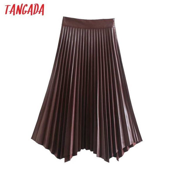 

tangada women brown pleated faux leather skirt faldas mujer vintage side zipper ladies elegant chic mid calf skirts 3h153 210609, Black