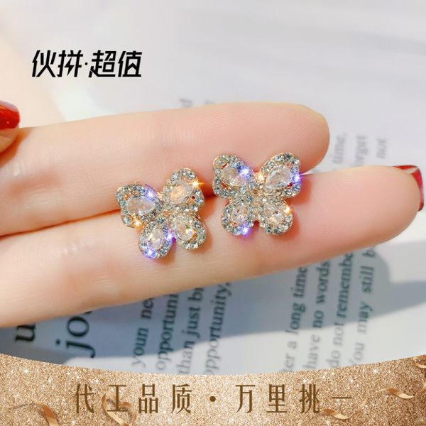 

zircon inlaid with diamond 925 silver needle butterfly earrings, Golden