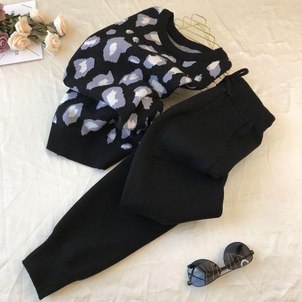 Zweiteilige Damen-Hose, lässig, modisch, bedruckt, gestrickt, 2-teiliges Set, Damen-Herbst-Langarm-Pullover, Pullover + Haremsanzug, Schwarz, knöchellang