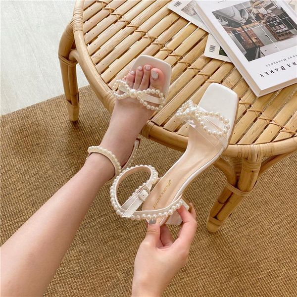 

sandals 2021 summer designer women silver high heels bowknot prom pearl thick square toe sweet lady party shoes, Black