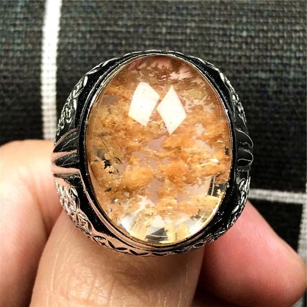 

cluster rings natural yellow phantom quartz ring for man crystal silver oval 23x18mm beads fashion jewelry adjustable finger, Golden;silver