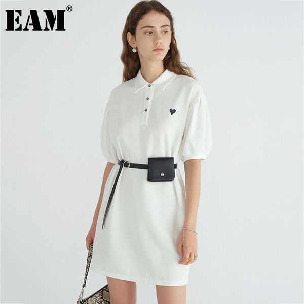 

[eam] women white elegant belt embroidery dress lapel half puff sleeve loose fit fashion spring summer 1dd7850 21512, Black;gray