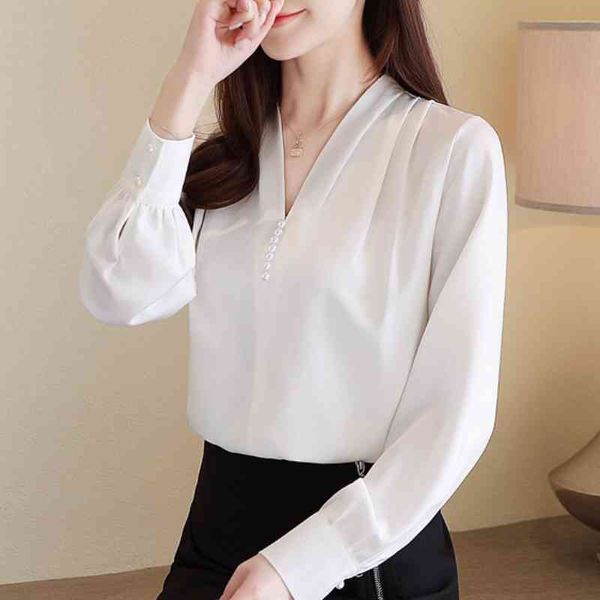 

womens and blouses spring long sleeve white blouse fashion woman blouses beading v-neck chiffon blouse women c420 210602