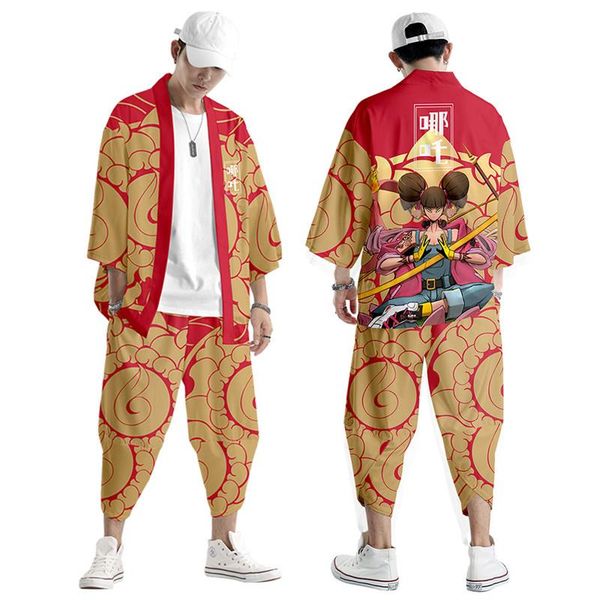 

ethnic clothing oversize 6xl cartoon nezha printed cardigan obi yukata men's haori kimono and pant traditional japan streetwear, Red