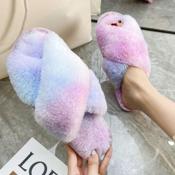 

slippers 2021 women home rainbow winter warm soft shoes woman slip on flats indoor ladies slides causal female faux fur, Black