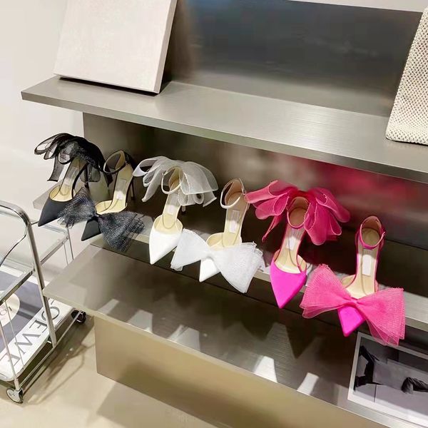 

2022 brand designer elegant women sandals pointed toes big bowtie ankle strap high heels dress shoes fashion party wedding girls exquisite s, Black