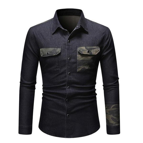 

men's casual shirts 2021 spring jeans shirt men camouflage patchwork long sleeve mens denim streetwear, White;black