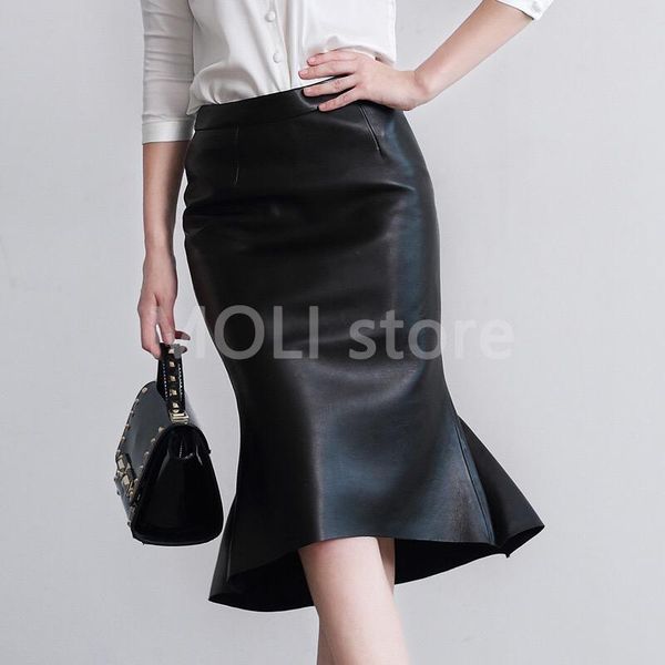 

skirts genuine leather 2021 fashion knee-length bud style skirt, Black
