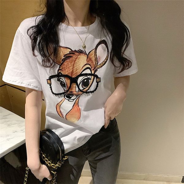 

qrwr womens t shirt 2021 summer korean fashion casual o ne t shirts cartoon bear print loose short sleeves summer clothes, Black;pink