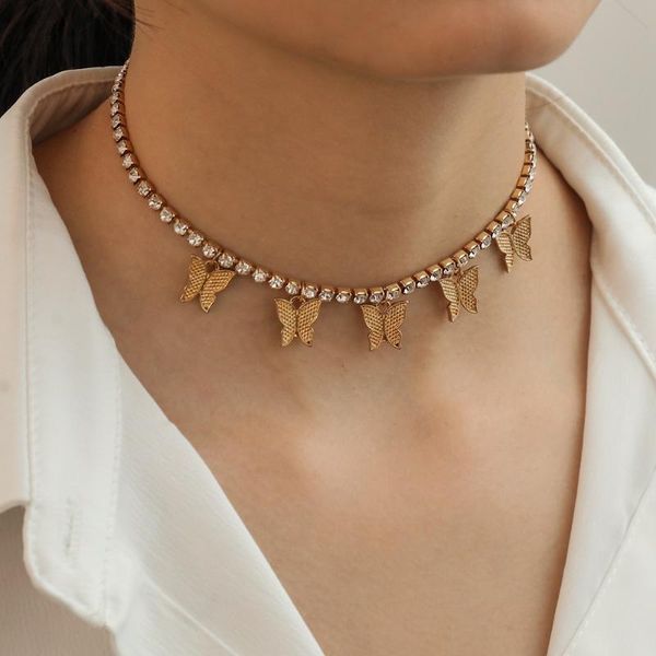 

pendant necklaces luxury cz tennis chain with butterfly charm 30+5cm choker gold silver color iced out bling women jewelry