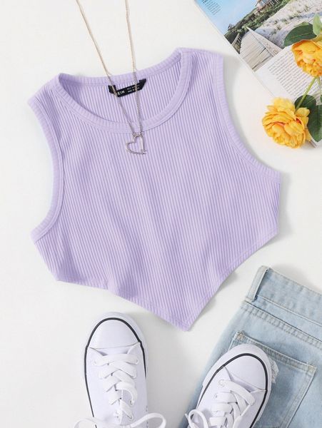 

asymmetrical hem rib-knit crop tank r021#, White
