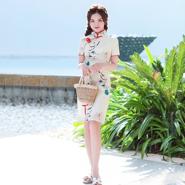 

chinese lotus crane printed short sleeve mini cheongsam female ice silk qipao elegant traditional clothing size s-3xl, Red