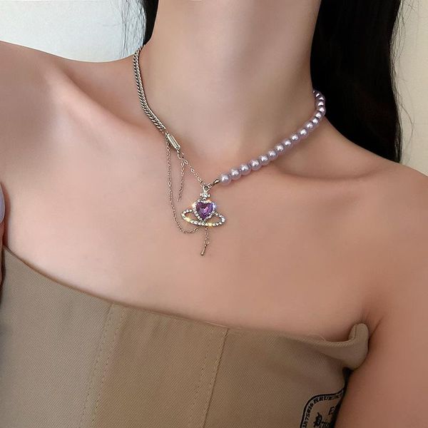 

chokers origin summer lovely purple color imitation pearl beaded necklace for women shiny rhinestone love heart pendant jewelry, Golden;silver