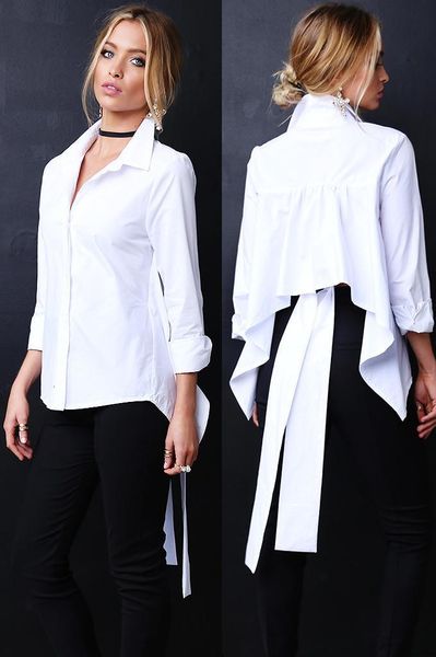 

chic lady white short shirts fashion lace up bow back long sleeves turn down neck women streetweear office busines shirt