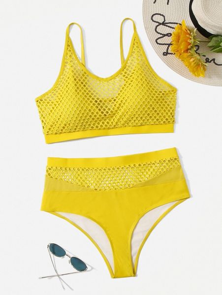 

plus contrast fishnet bikini swimsuit 60dp#, Black