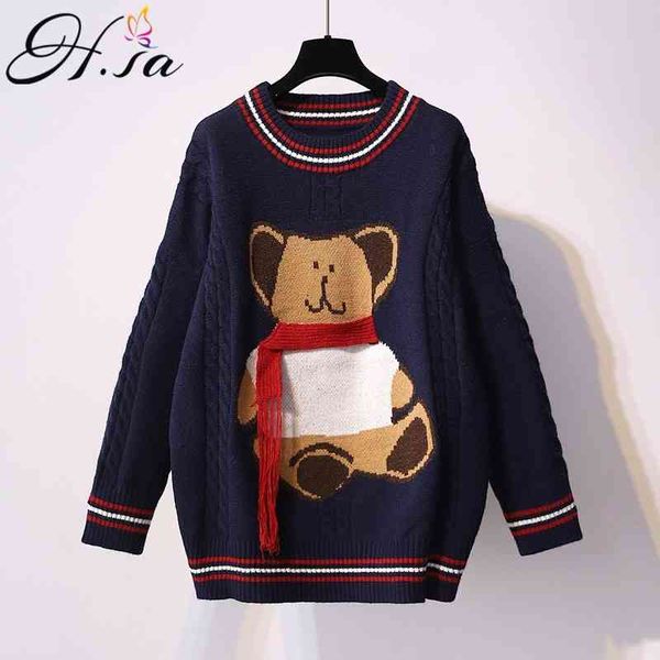 

h.sa women long and pullovers cartoon bear embroidery fashion korean jumpers slim cute girls winter pull sweater 210417, White;black