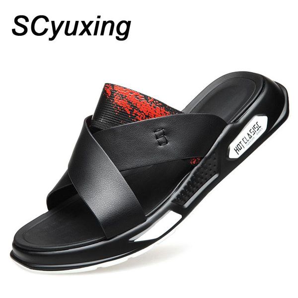

slippers 2021 man leather soft rubber anti-slip sole fashion outdoor casual shoes summer, Black