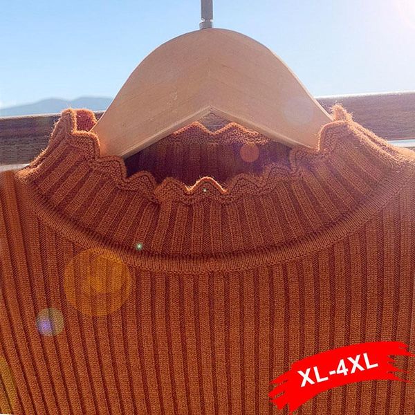 

plus size t-shirt ruffled collar basic rib knitted sweater 3xl 4xl women autumn winter warm thik pullover cotton solid chi, Black