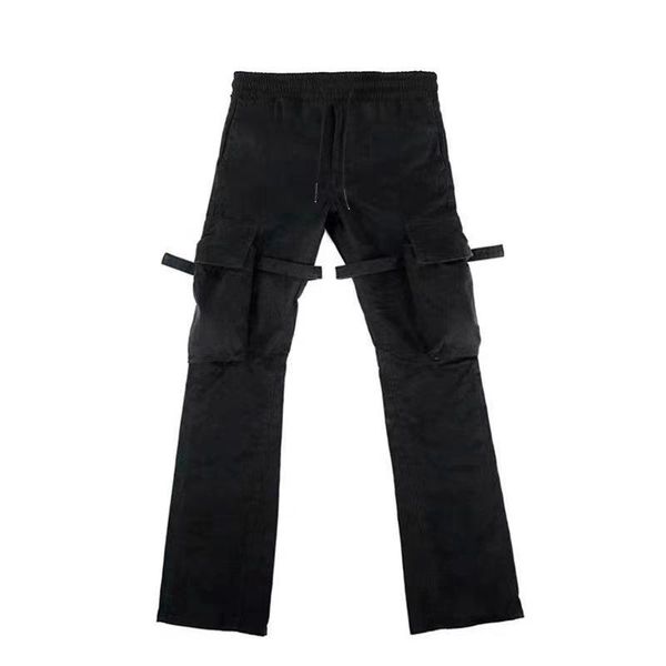 

men's pants high street men's women's cargo mid cotton loose straight casual bandage pocket streamers flared trousers neutral, Black