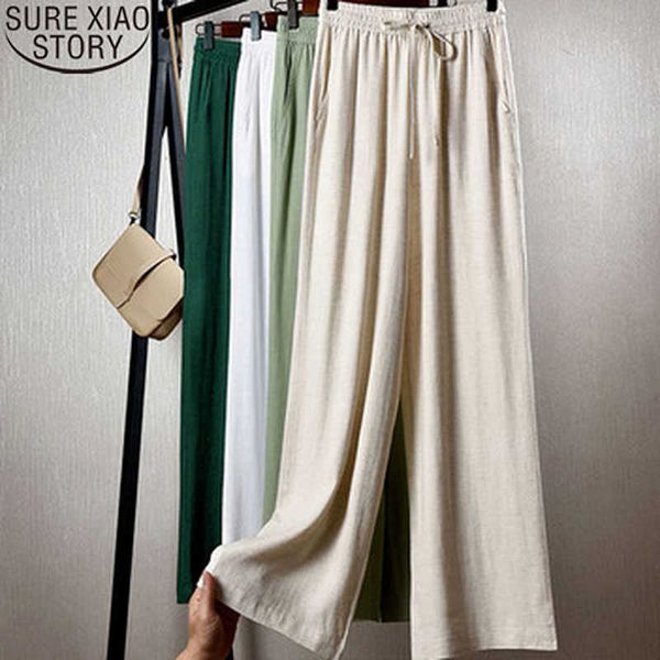 Calça de linho de algodão clássico Casual cintura alta perna larga calças soltas verão as calças de verão estilo de rua 14010 210527