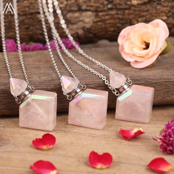 

chains natural aura pink roses quartz diamonds perfume bottle pendant necklace for women crystal stone oil gold1, Silver