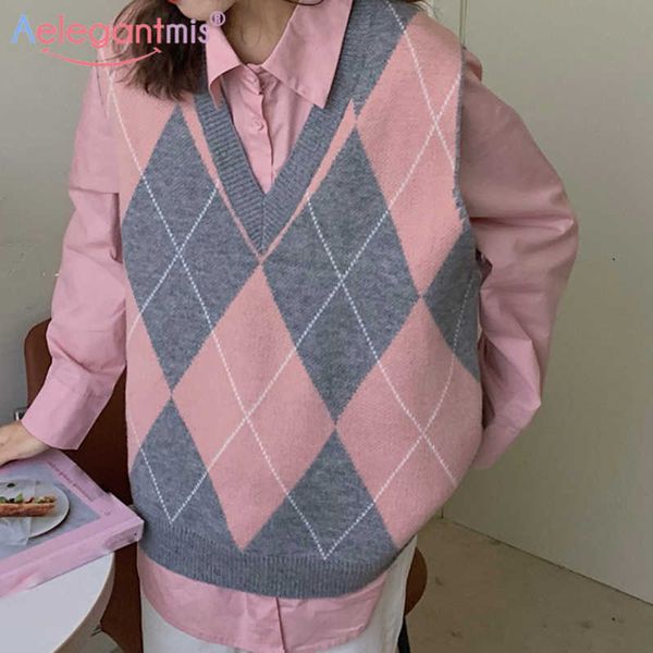 

aelegantmis v neck argyle knitted vest women color block casual sleeveless sweater vintage loose waistcoat spring korean chic bf 210607, Black;white