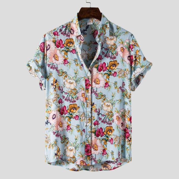 

men's shirt summer casual men's floral short sleeve cotton hemp lapel inch shirt, White;black