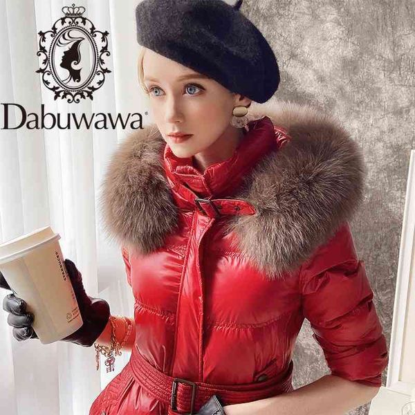 Dabuwawa Long Winter Winter White Duck Capuz Down Casaco Mulher Faux Fur Casual Sashes Mulher Parkas Elegante Outerwear DT1DDW014 210520