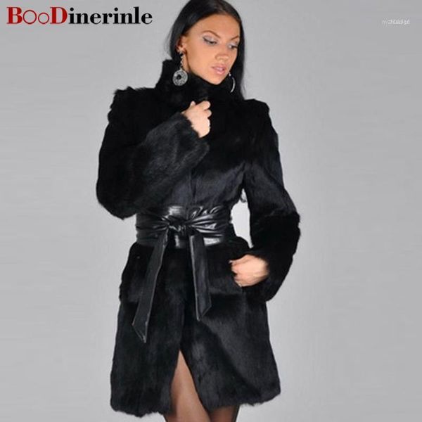 

women's fur & faux boodinerinle women imitation autumn and winter fashion wild belt slim black pocket coat casaco pele falso pc0111