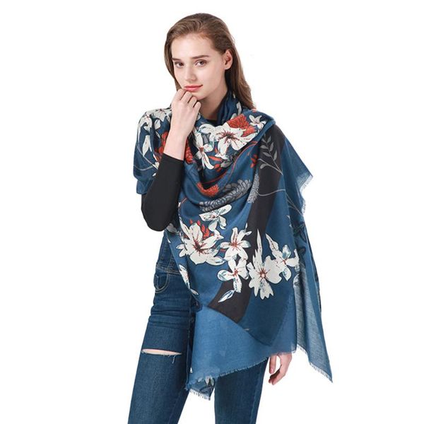 

scarves winter warm all-match orange yellow shawl 2021 retro satin flower print women ladies hijab scarf echarpe femme kz240, Blue;gray