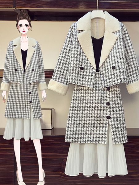 

women's two-piece dress fashion suit plus size two piece sets slim-fit thicken wool fat girl's overskirt concinnity skirt chequere, White