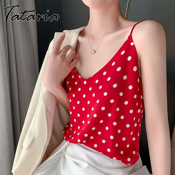 

polka dot silk satin tank korean women summer camis v neck female pink loose basic red vset omighty mujer 210514, White