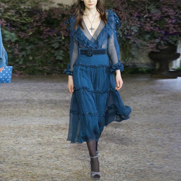 

casual dresses sale 2021 summer fashion wave point with deep v collar lotus leaf temperament waist elegant long dress female, Black;gray