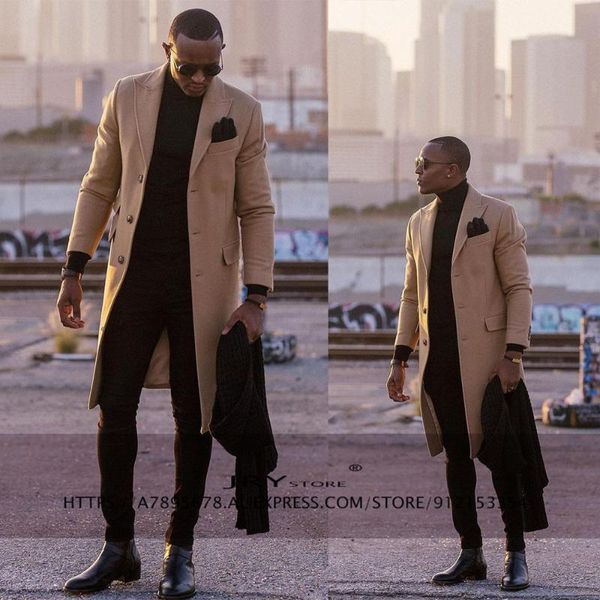 

men's wool & blends long coat winter warm jacket lapel windbreaker blazer, Black