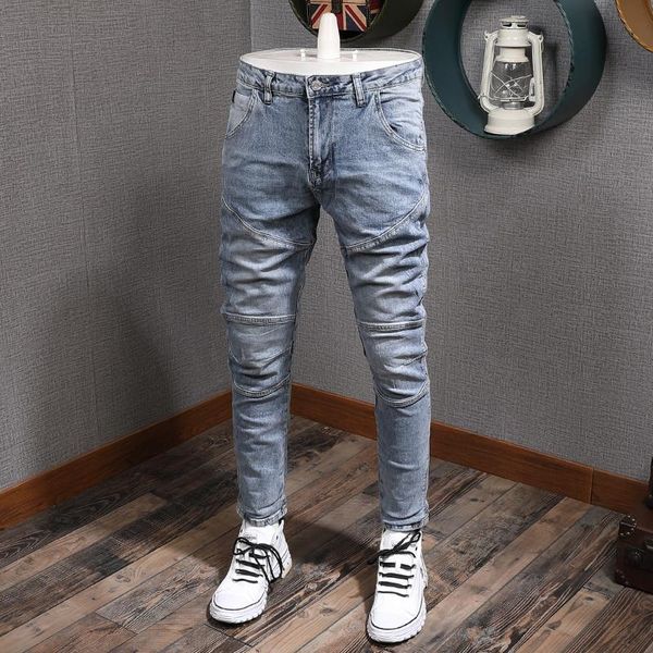 

men's jeans european american street fashion men retro light blue slim fit spliced designer biker hip hop denim punk pants