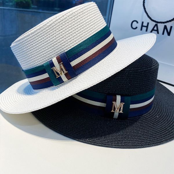 

british flat straw hat seaside travel sun shading fashion summer girl, Blue;gray