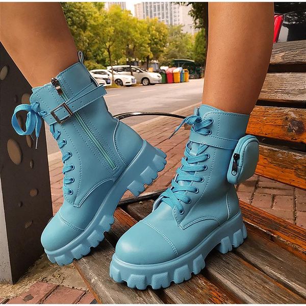 

boots women pocket lace up zip thick bottom non-slip motorcycle round toe mid heel pu female ankle autumn winter, Black