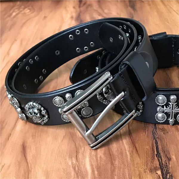 

belts genuine leather skull for men heavy metal cowboy vintage buckle rivet wide punk waist belt jeans male strap tbt0044, Black;brown